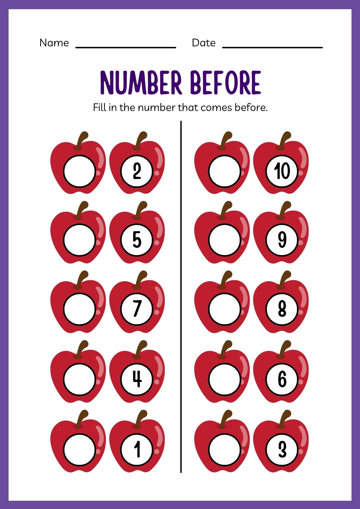 Number BEFORE Practice (1-10) Number BEFORE practice 1–10 in the Kindergarten Numbers Workbook.