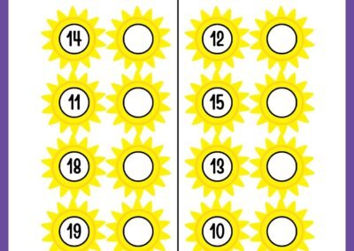 Number AFTER practice 11–20 (sun & flowers) in the Kindergarten Numbers Workbook.