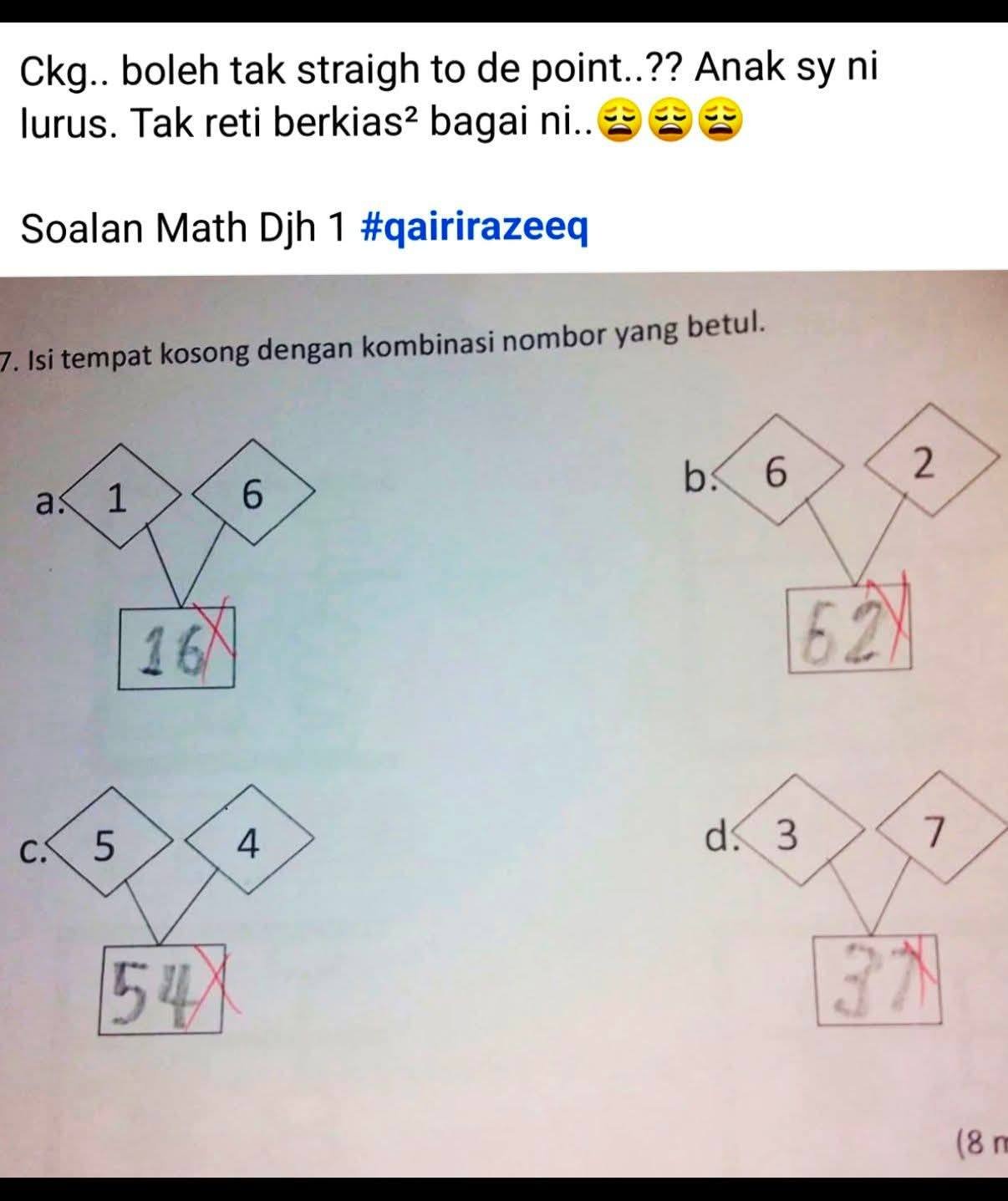 Ni tambah je pun. Kombinasi tu maksudnya tambah. So jawapan a = 7. B=8. Ni tambah je pun. Kombinasi tu maksudnya tambah. So jawapan a = 7. B=8.