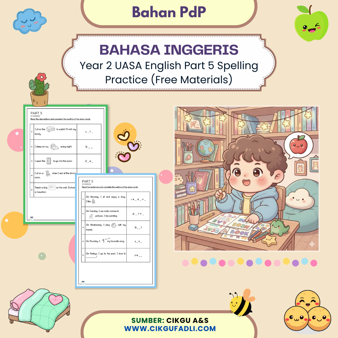 Poster of Year 2 UASA English Part 5 Spelling Practice by Cikgu A&S