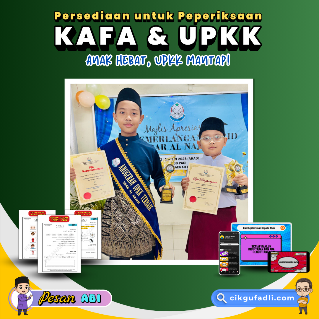 Pelajar KAFA menerima anugerah kecemerlangan dengan sijil dan trofi, menunjukkan hasil persediaan peperiksaan KAFA & UPKK. Imej turut memaparkan set soalan KAFA serta video silibus pembelajaran untuk ulang kaji UPKK