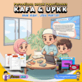 Ilustrasi chibi ustaz dan pelajar KAFA sedang belajar interaktif sebagai strategi ulang kaji UPKK