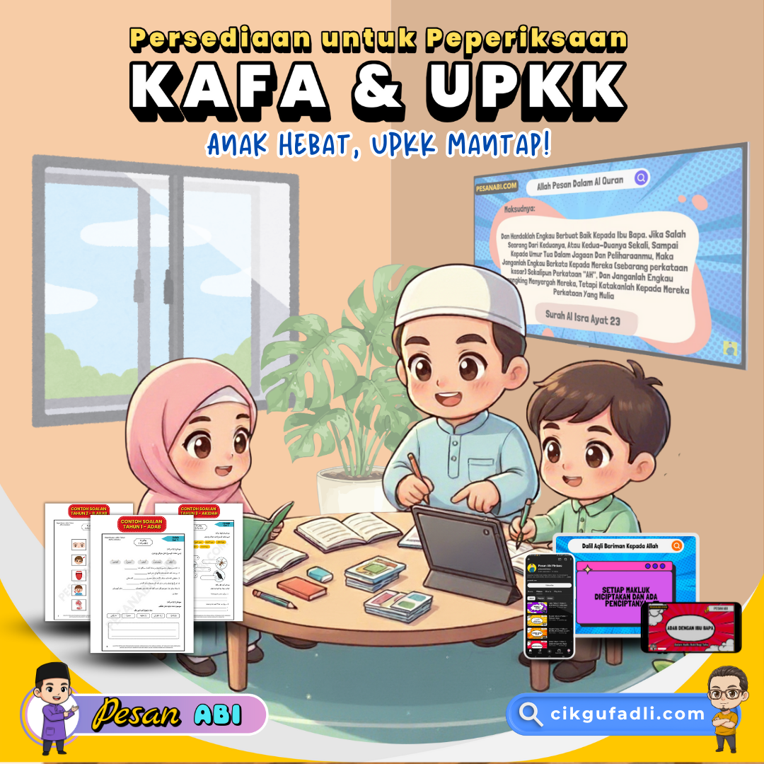 Ilustrasi chibi ustaz dan pelajar KAFA belajar guna tablet dan buku sebagai strategi ulang kaji UPKK
