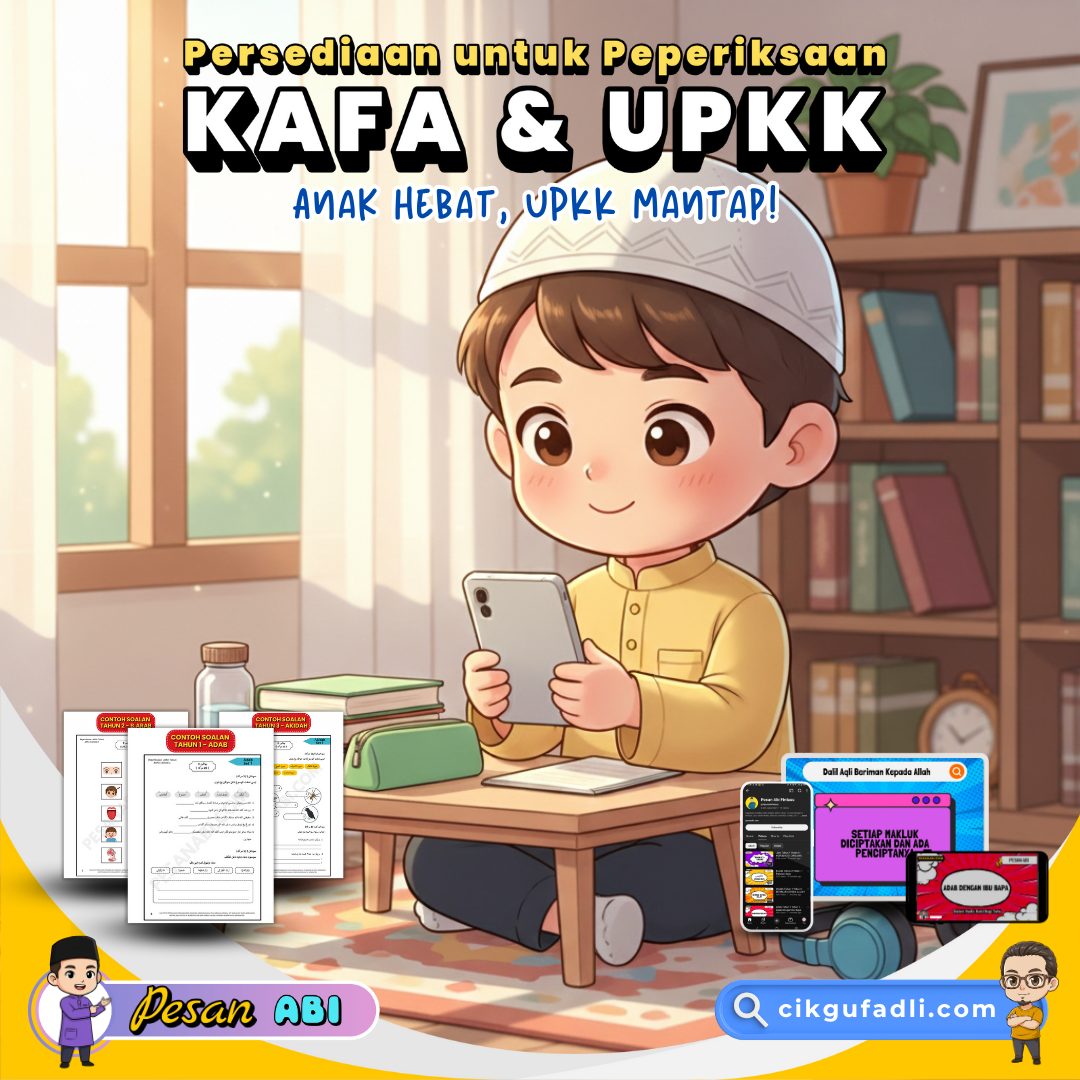 Pelajar KAFA chibi belajar di rumah dengan telefon menonton ustaz