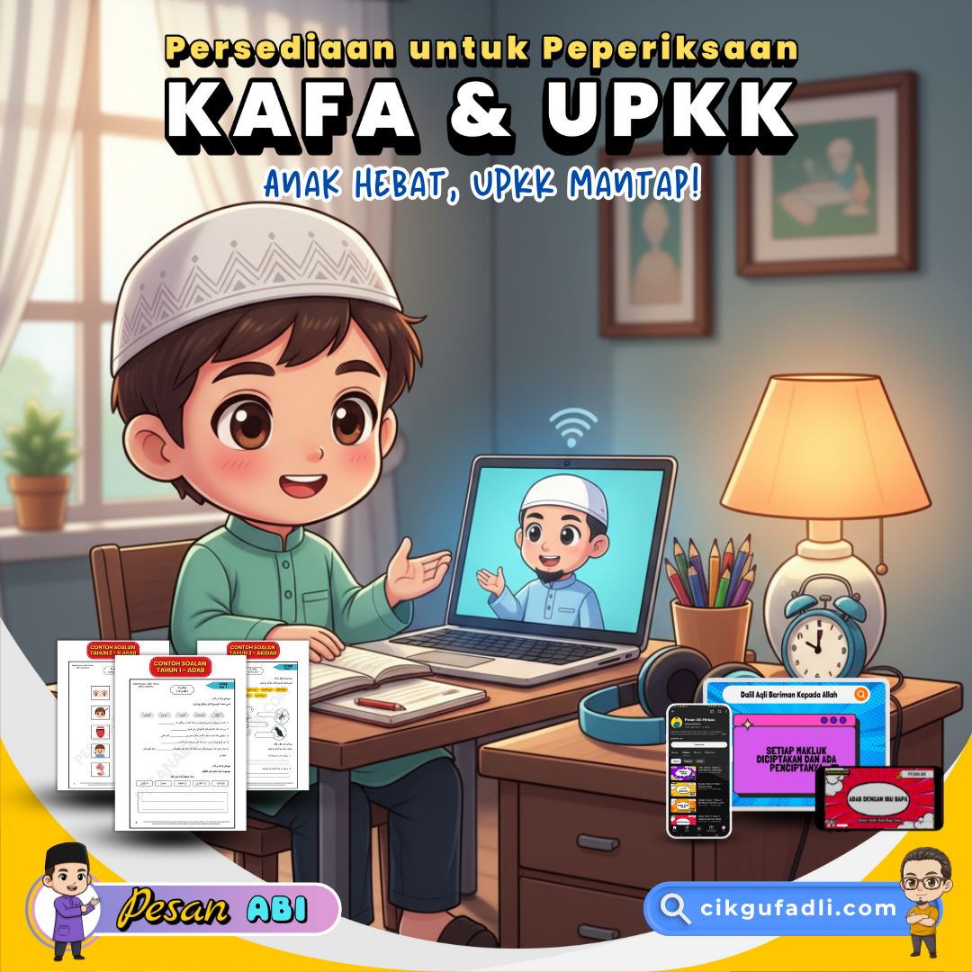 Pelajar KAFA chibi belajar di meja dengan laptop dan lampu belajar