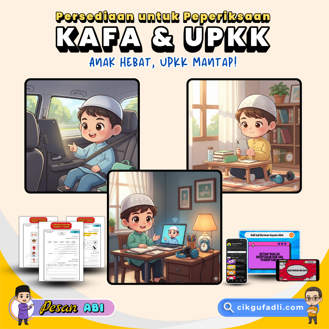 Ilustrasi chibi pelajar lelaki KAFA belajar menggunakan telefon, tablet dan laptop di pelbagai tempat — di rumah, dalam kereta dan di meja belajar — sambil menonton ustaz mengajar dalam Video Silibus KAFA oleh Pesan Abi Firdaus.