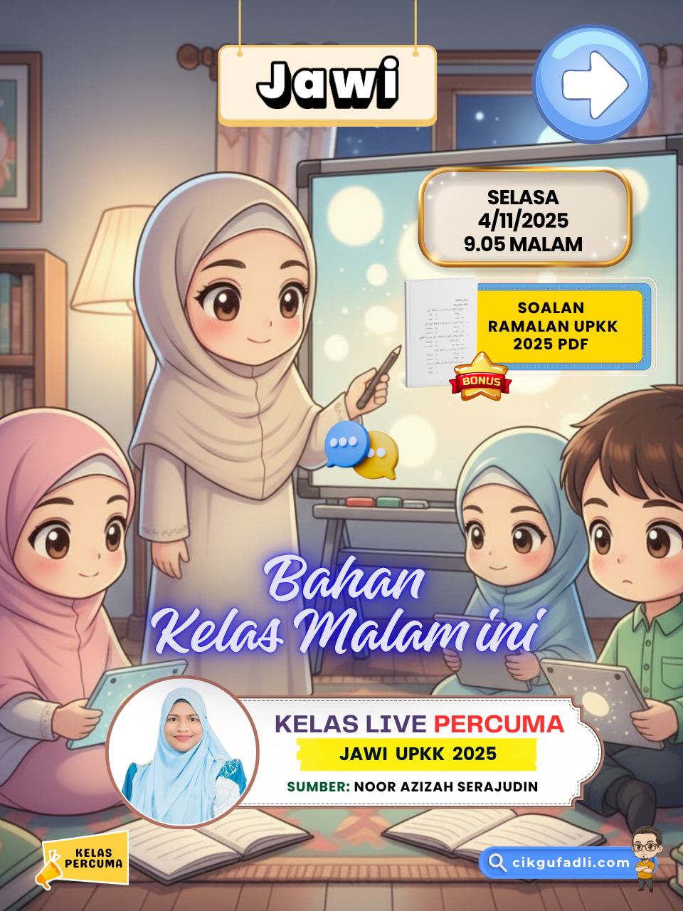 Ilustrasi kelas malam Jawi UPKK bersama Ustazah Noor Azizah dan pelajar