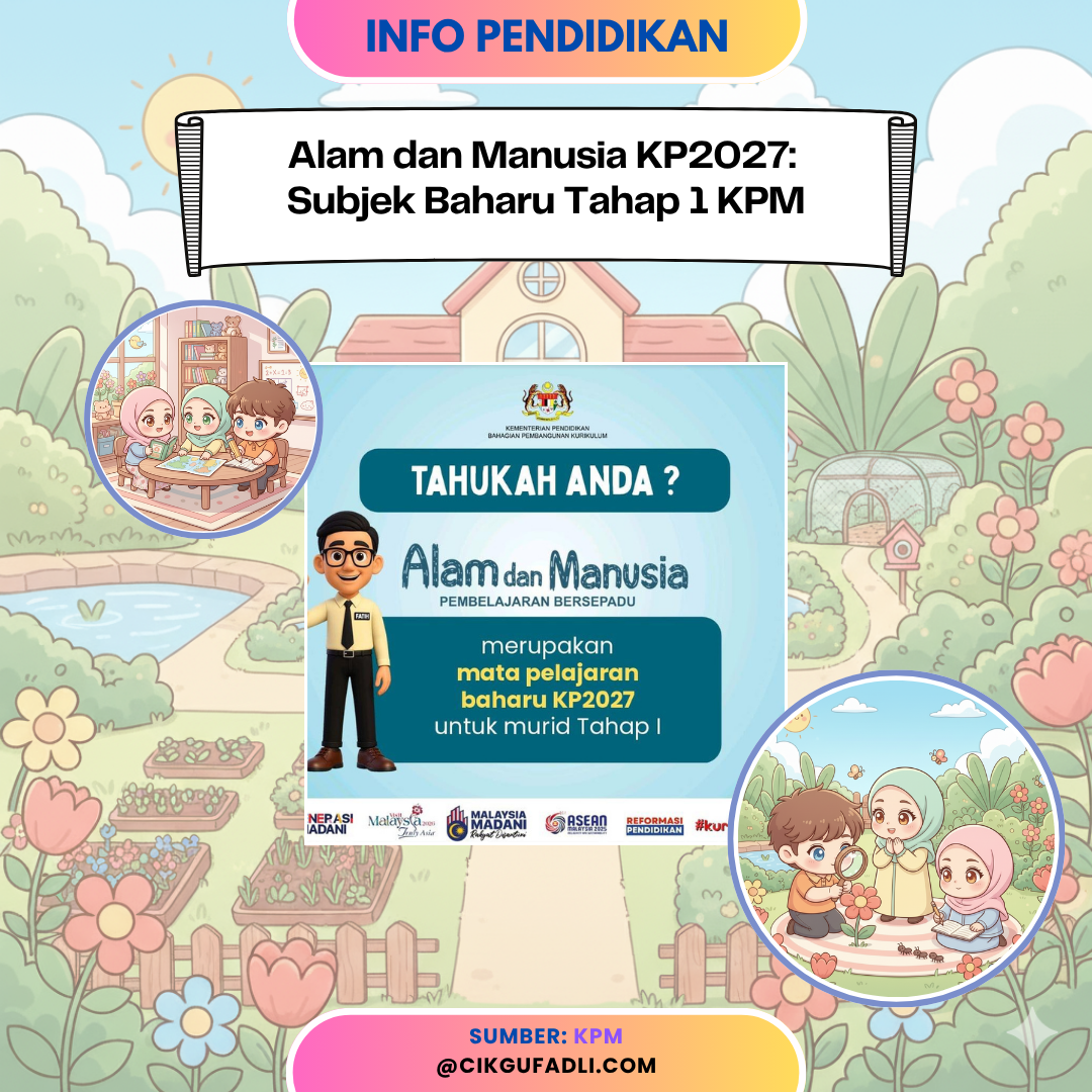 Infografik comel “Alam dan Manusia KP2027” — subjek baharu Tahap 1 KPM dengan ilustrasi pelajar chibi belajar dan meneroka alam sekitar.