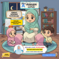 Ilustrasi kelas Arab UPKK 2025 menunjukkan Ustazah Noor Azizah mengajar murid dalam suasana malam dengan buku dan skrin digital.