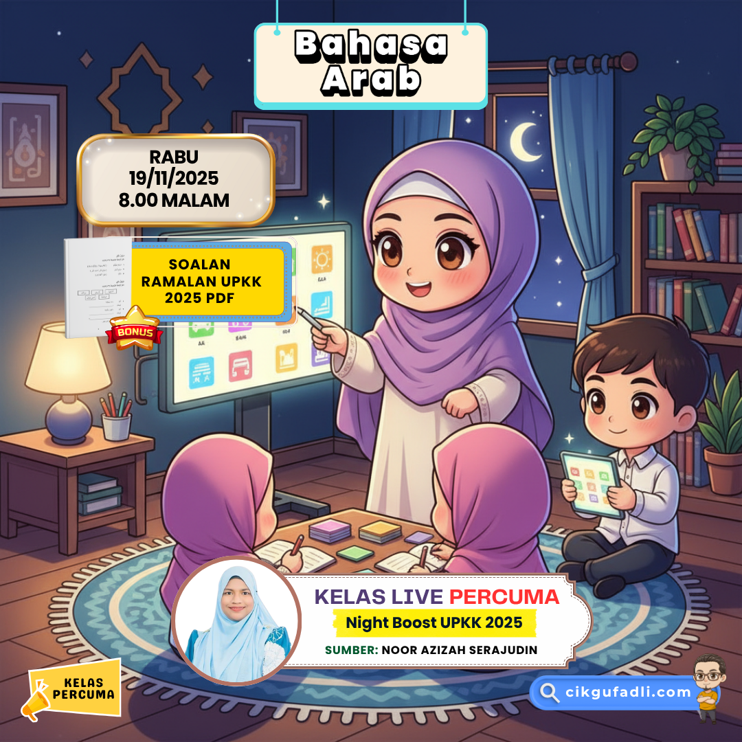 Gambar ilustrasi chibi Kelas Bahasa Arab UPKK bersama Ustazah Azizah, memaparkan murid belajar pada waktu malam dengan skrin Bahasa Arab, nota ramalan dan suasana bilik belajar yang cerah dan kemas.”