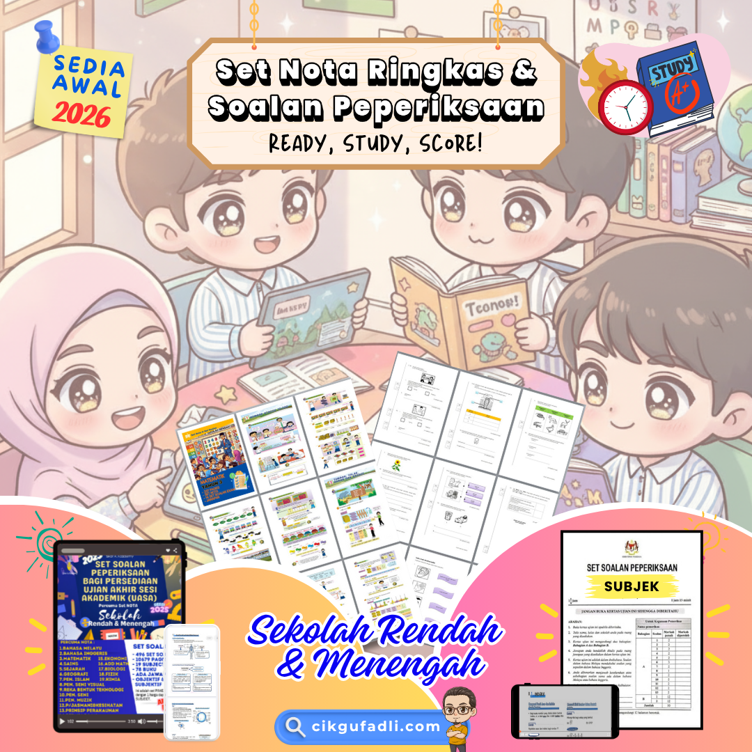 Pelajar sekolah rendah dan menengah belajar secara santai menggunakan set nota ringkas dan soalan peperiksaan UASA daripada Academy Excella, suasana ceria dan penuh motivasi belajar.
