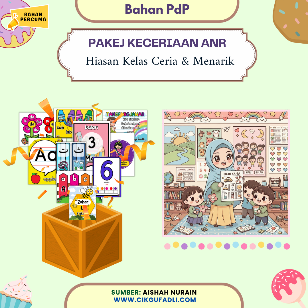Pakej Keceriaan ANR hiasan kelas ceria dan menarik dengan bahan PdP berwarna-warni serta ilustrasi guru dan murid dalam suasana pembelajaran kreatif