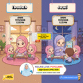 Ilustrasi chibi Kelas Ibadah & Jawi UPKK bagi sesi 17 November, menunjukkan ustazah mengajar murid dalam dua suasana: Ibadah 8.00 malam dan Jawi 9.30 malam.
