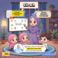Ilustrasi chibi Kelas Sirah UPKK menunjukkan ustazah mengajar murid pada waktu malam dengan skrin digital bertajuk Sirah dan suasana pembelajaran yang ceria.