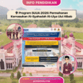 Poster info pendidikan mengenai Program SUUA 2026: Permohonan Kemasukan Al-Syahadah Al-Ulya Ulul Albab, anjuran Bahagian Pendidikan Islam KPM. Mengandungi maklumat tarikh permohonan, pautan rasmi, dan ilustrasi pelajar lelaki Islam berpakaian seragam sekolah di hadapan bangunan berkonsep Islamik.