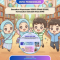 Ilustrasi chibi murid lelaki dan perempuan meraikan semakan keputusan SSM dan SSeM 2026 bagi kemasukan sekolah khas KPM.