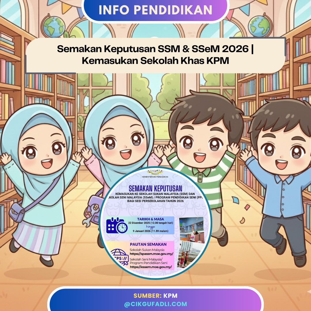 Ilustrasi chibi murid lelaki dan perempuan meraikan semakan keputusan SSM dan SSeM 2026 bagi kemasukan sekolah khas KPM.