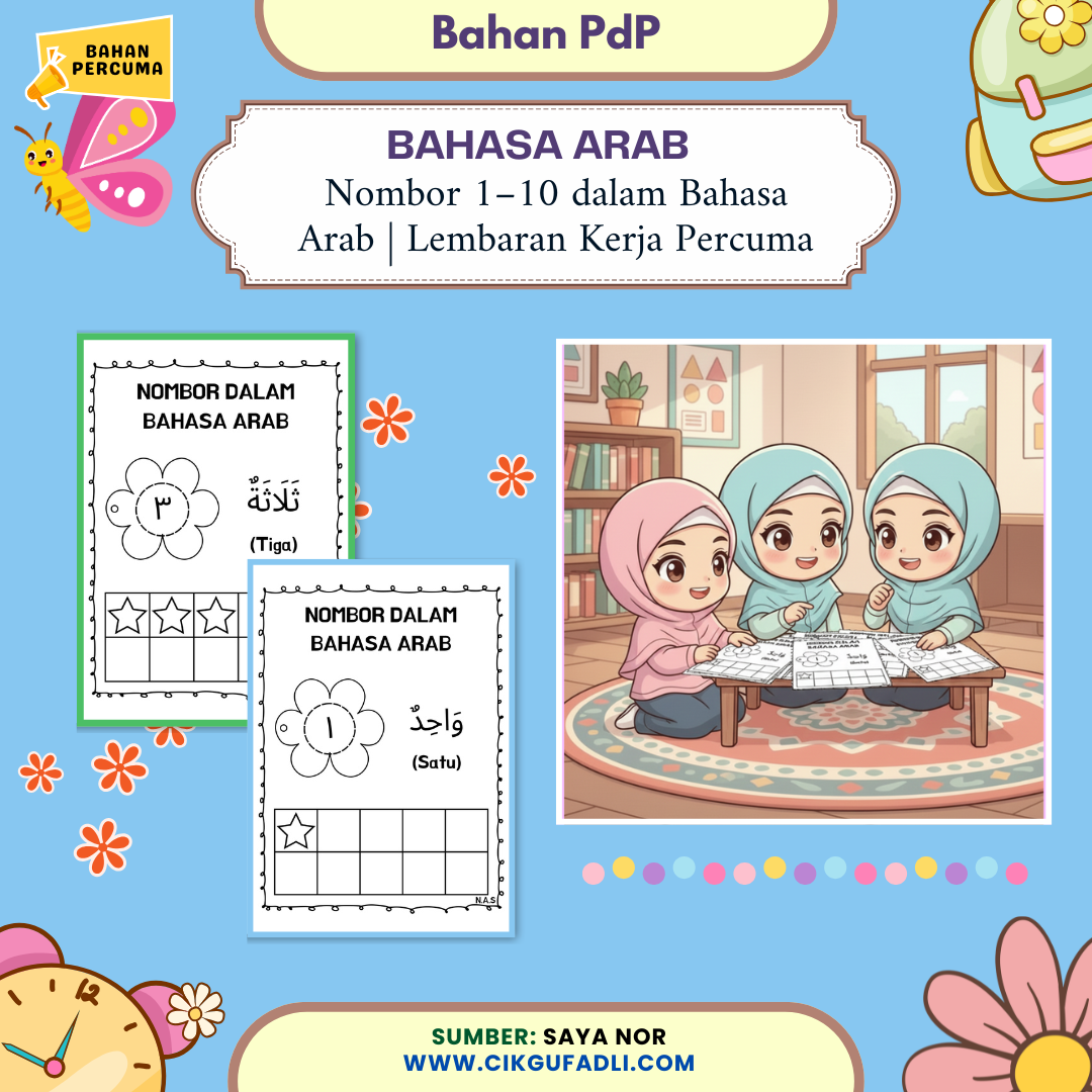 Bahan PdP Bahasa Arab nombor 1–10 dengan ilustrasi murid prasekolah