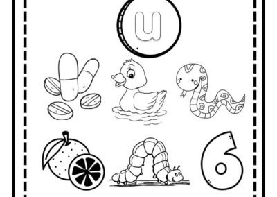 Aktiviti bulat dan warnakan gambar bermula huruf vokal u