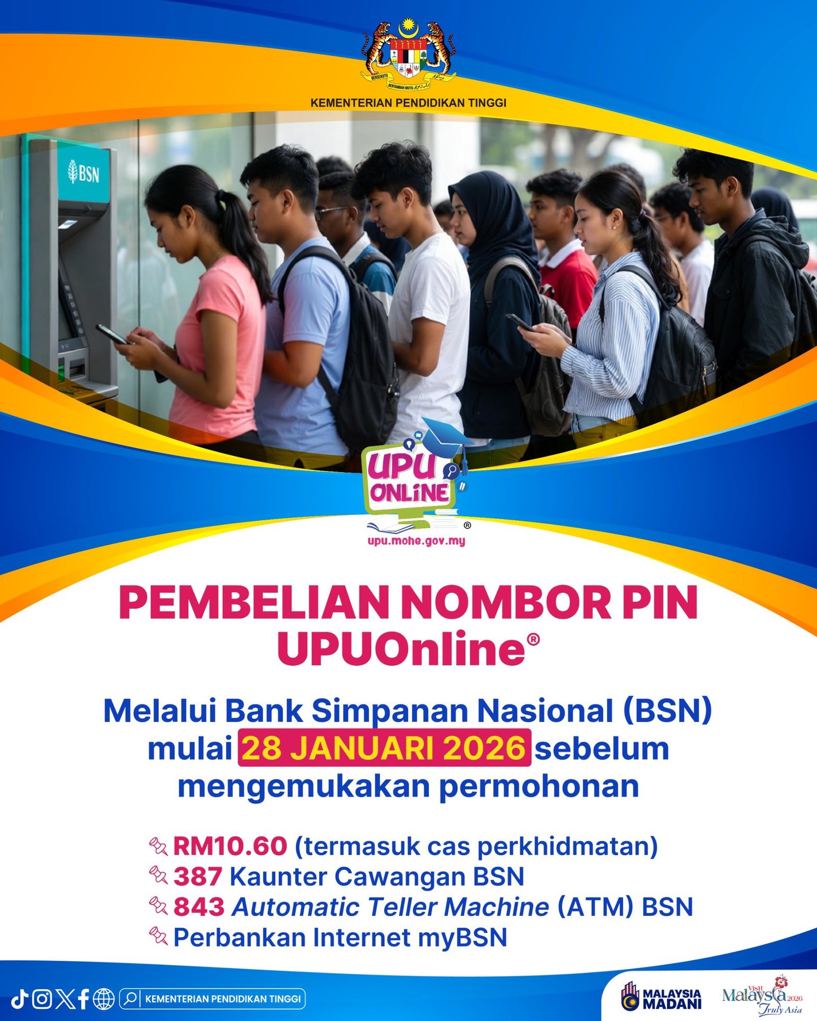 2 Poster maklumat pembelian nombor PIN UPUOnline 2026 melalui Bank Simpanan Nasional termasuk harga RM10.60 dan kaedah pembelian di kaunter, ATM dan perbankan internet myBSN.