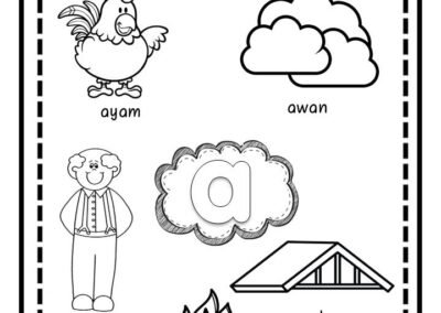 Latihan mengenal huruf vokal e dengan gambar emak emas dan emu