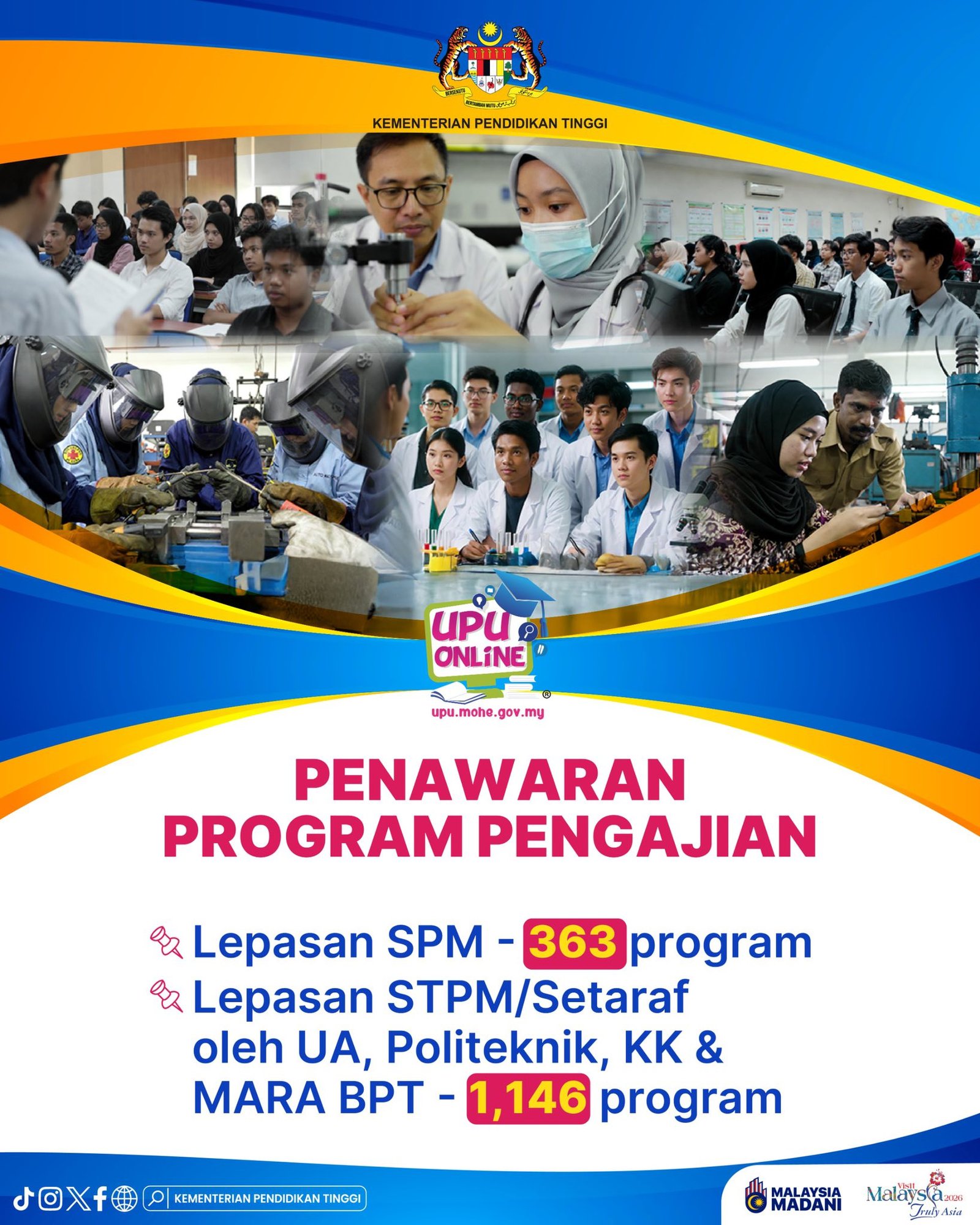 3 Poster penawaran program pengajian UPUOnline 2026/2027 melibatkan 363 program lepasan SPM dan 1,146 program lepasan STPM atau setaraf oleh UA, Politeknik, Kolej Komuniti dan MARA BPT.