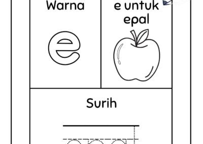 Latihan menulis dan mewarna huruf kecil e