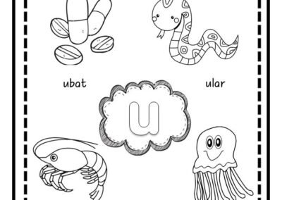 Latihan huruf vokal u buku vokal prasekolah percuma dengan gambar ubur-ubur dan ular