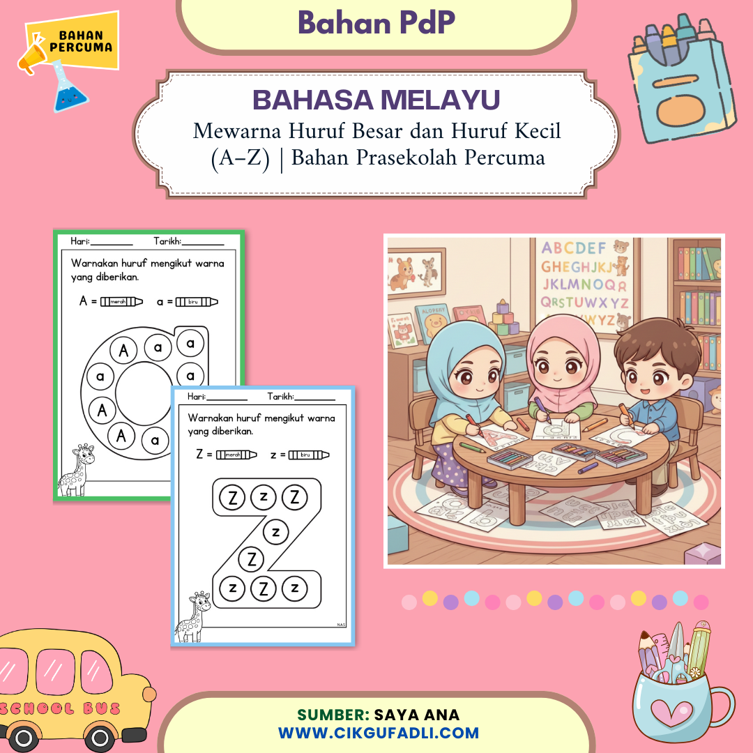 Poster bahan PdP Bahasa Melayu prasekolah bertema mewarna huruf besar dan huruf kecil A hingga Z, memaparkan lembaran kerja mewarna abjad serta ilustrasi murid prasekolah sedang mewarna di dalam kelas.