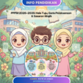 Ilustrasi chibi pendidikan Malaysia bertema PPPM 2026–2035 menampilkan murid lelaki dan perempuan bertudung di persekitaran sekolah, melambangkan hala tuju, garis pelaksanaan dan sasaran wajib pendidikan negara.