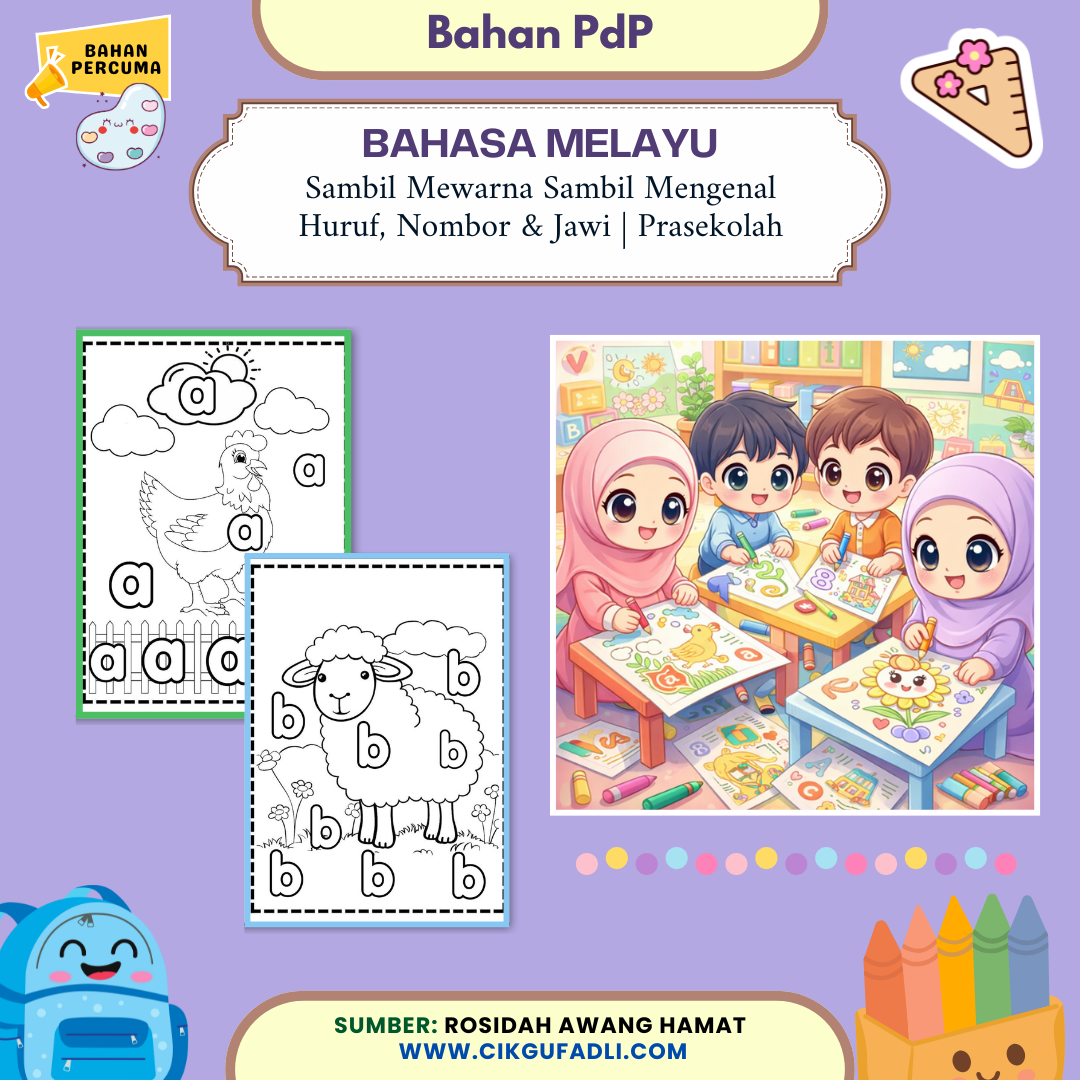 Sambil mewarna sambil mengenal huruf, nombor dan jawi untuk murid prasekolah