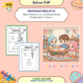 Poster bahan PdP Bahasa Melayu bertema huruf kecil a hingga z untuk prasekolah dan Tahun 1, memaparkan contoh lembaran kerja mewarna dan surih huruf serta ilustrasi murid sedang belajar menulis dalam suasana kelas yang ceria.