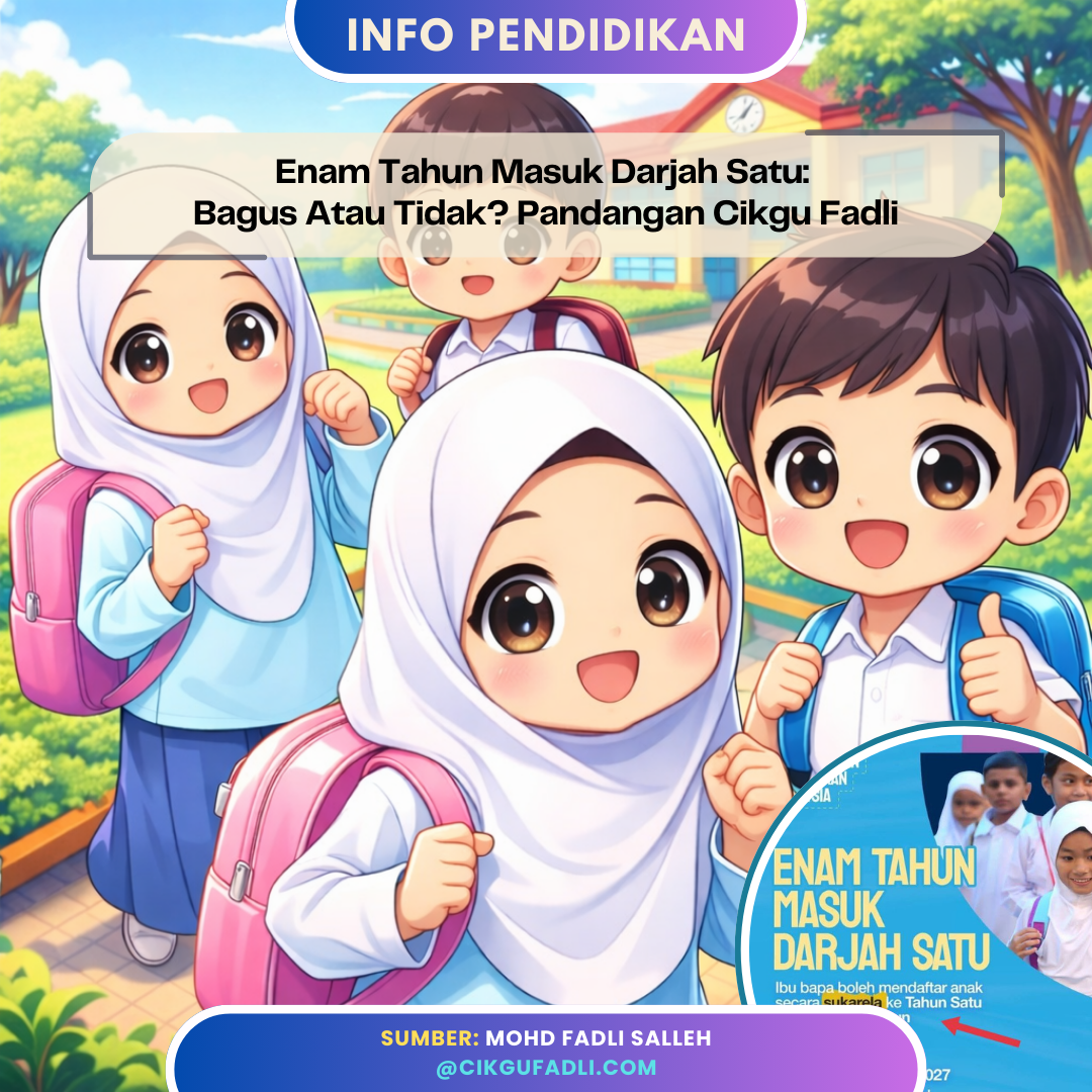 Ilustrasi chibi murid sekolah rendah ceria berseragam, mewakili isu enam tahun masuk Darjah Satu dan pandangan Cikgu Fadli tentang kesiapsiagaan murid