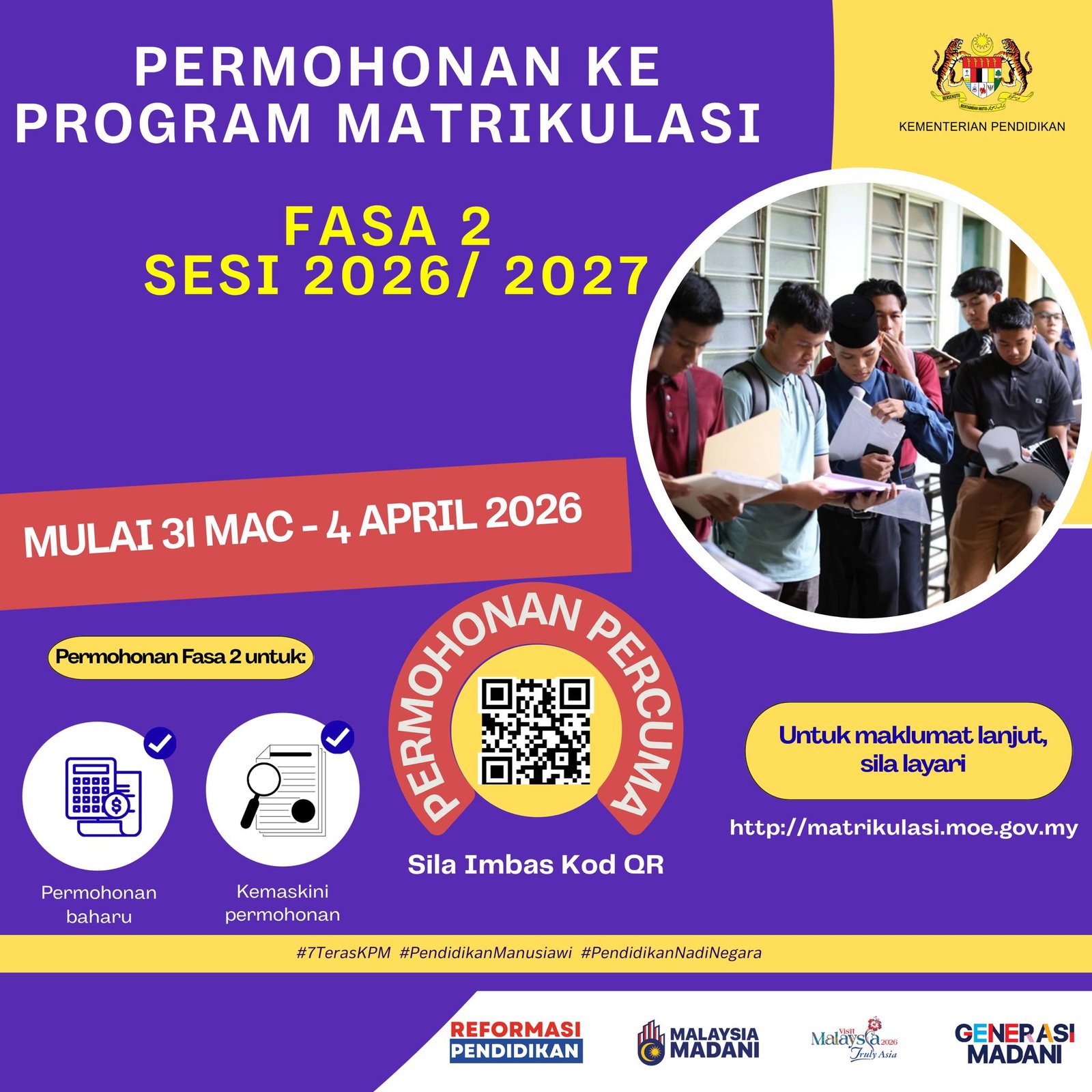 Poster rasmi KPM permohonan Program Matrikulasi Fasa 2 sesi 2026 2027 tarikh 31 Mac hingga 4 April 2026 Poster rasmi KPM permohonan Program Matrikulasi Fasa 2 sesi 2026 2027 tarikh 31 Mac hingga 4 April 2026
