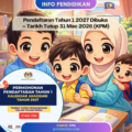 Ilustrasi keluarga Malaysia mendaftar Tahun 1 2027 secara online bersama poster KPM tarikh tutup 31 Mac 2026