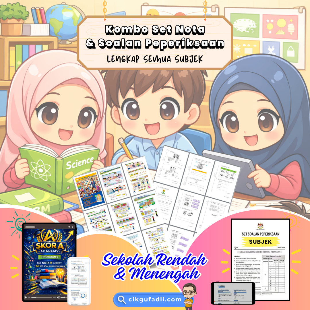 Ilustrasi pelajar sekolah rendah dan menengah belajar menggunakan kombo set nota semua subjek dan set soalan peperiksaan UASA daripada Academy Excella dalam suasana ceria dan interaktif.