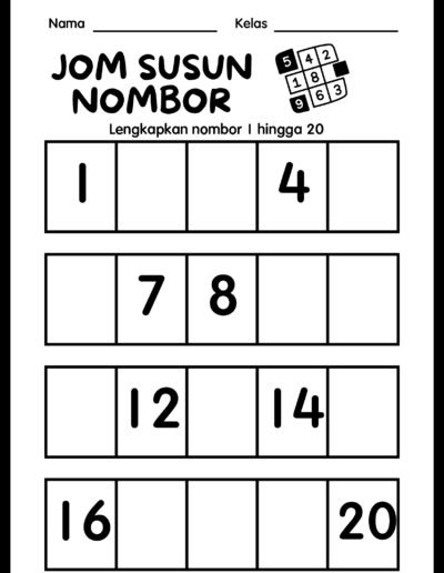 latihan nombor 1 hingga 20 tahun 1 susun nombor lembaran kerja matematik