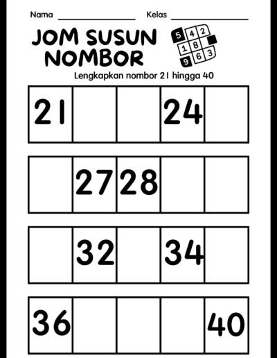 latihan nombor 21 hingga 40 tahun 1 susun nombor worksheet matematik