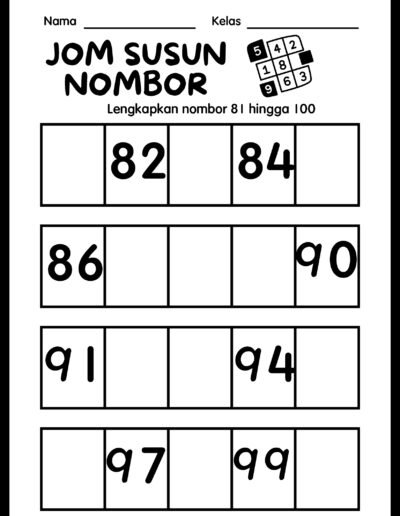 latihan nombor 81 hingga 100 tahun 1 susun nombor matematik