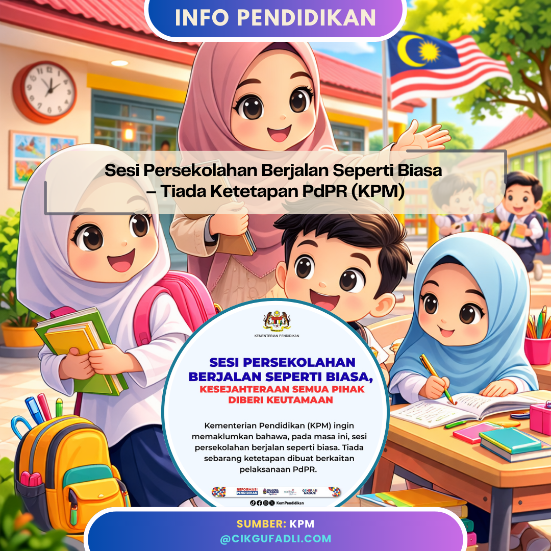 Ilustrasi chibi murid dan guru di sekolah Malaysia menunjukkan sesi persekolahan berjalan seperti biasa tanpa PdPR menurut pengumuman KPM