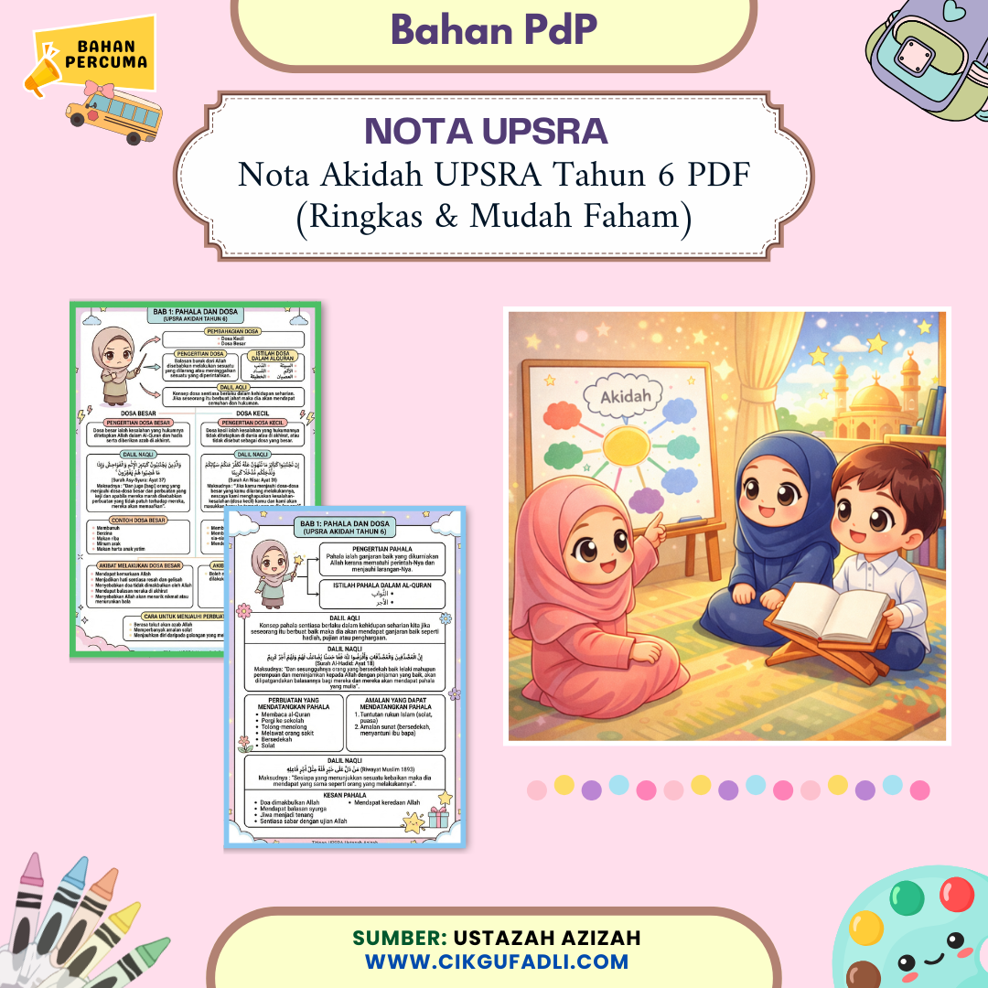 Nota Akidah UPSRA Tahun 6 PDF ringkas dan mudah faham untuk ulang kaji Pendidikan Islam