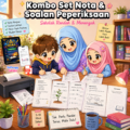 Ibu membimbing anak mula ulangkaji menggunakan nota dan soalan peperiksaan dalam bentuk PDF yang dicetak sebagai lembaran latihan di rumah.