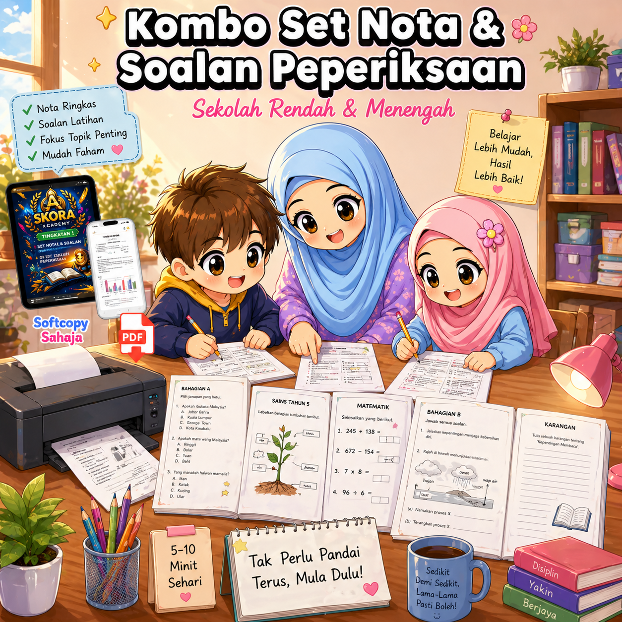 Ibu membimbing anak mula ulangkaji menggunakan nota dan soalan peperiksaan dalam bentuk PDF yang dicetak sebagai lembaran latihan di rumah.