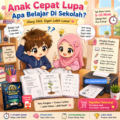 Ibu membantu anak cepat lupa belajar dengan nota ringkas dan soalan latihan dalam bentuk PDF yang dicetak untuk ulangkaji di rumah.