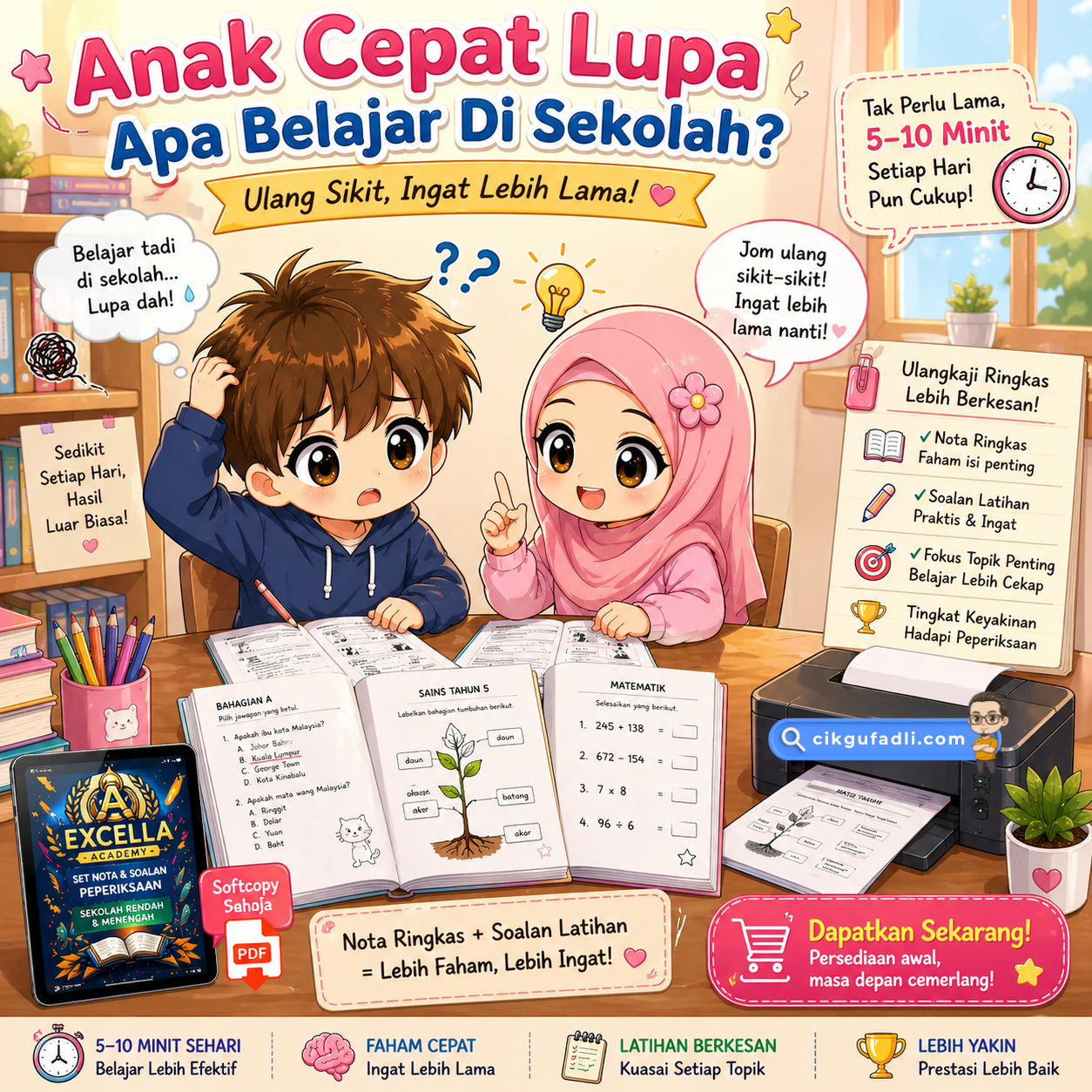 Ibu membantu anak cepat lupa belajar dengan nota ringkas dan soalan latihan dalam bentuk PDF yang dicetak untuk ulangkaji di rumah.