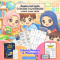 Ilustrasi pelajar belajar menggunakan kombo set nota semua subjek dan set soalan peperiksaan UASA Academy Excella untuk sekolah rendah dan menengah dalam suasana ceria.