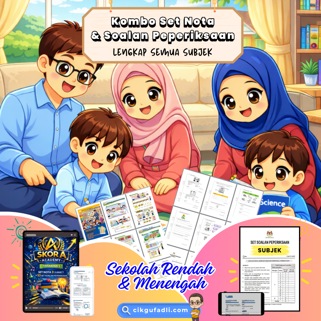 Ilustrasi keluarga membantu anak belajar menggunakan kombo set nota semua subjek dan set soalan peperiksaan UASA untuk sekolah rendah dan menengah dalam suasana santai di rumah.