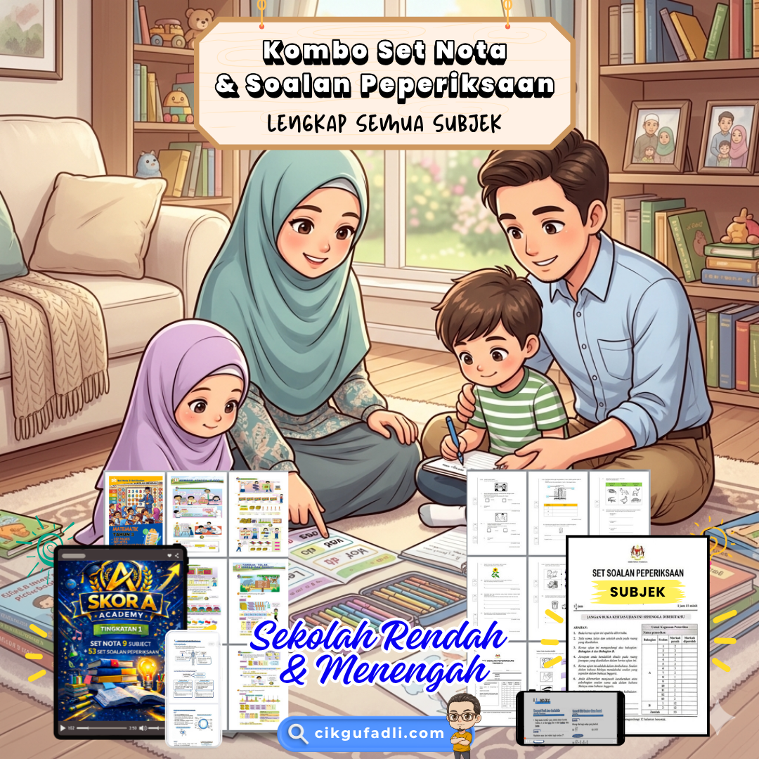 Ilustrasi ibu bapa membimbing anak belajar di rumah menggunakan kombo set nota semua subjek dan set soalan peperiksaan UASA dalam suasana santai dan tersusun.