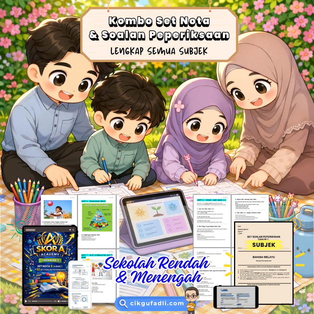 Ilustrasi keluarga belajar di mana-mana menggunakan set nota digital dan soalan peperiksaan yang dicetak untuk ulangkaji semua subjek.