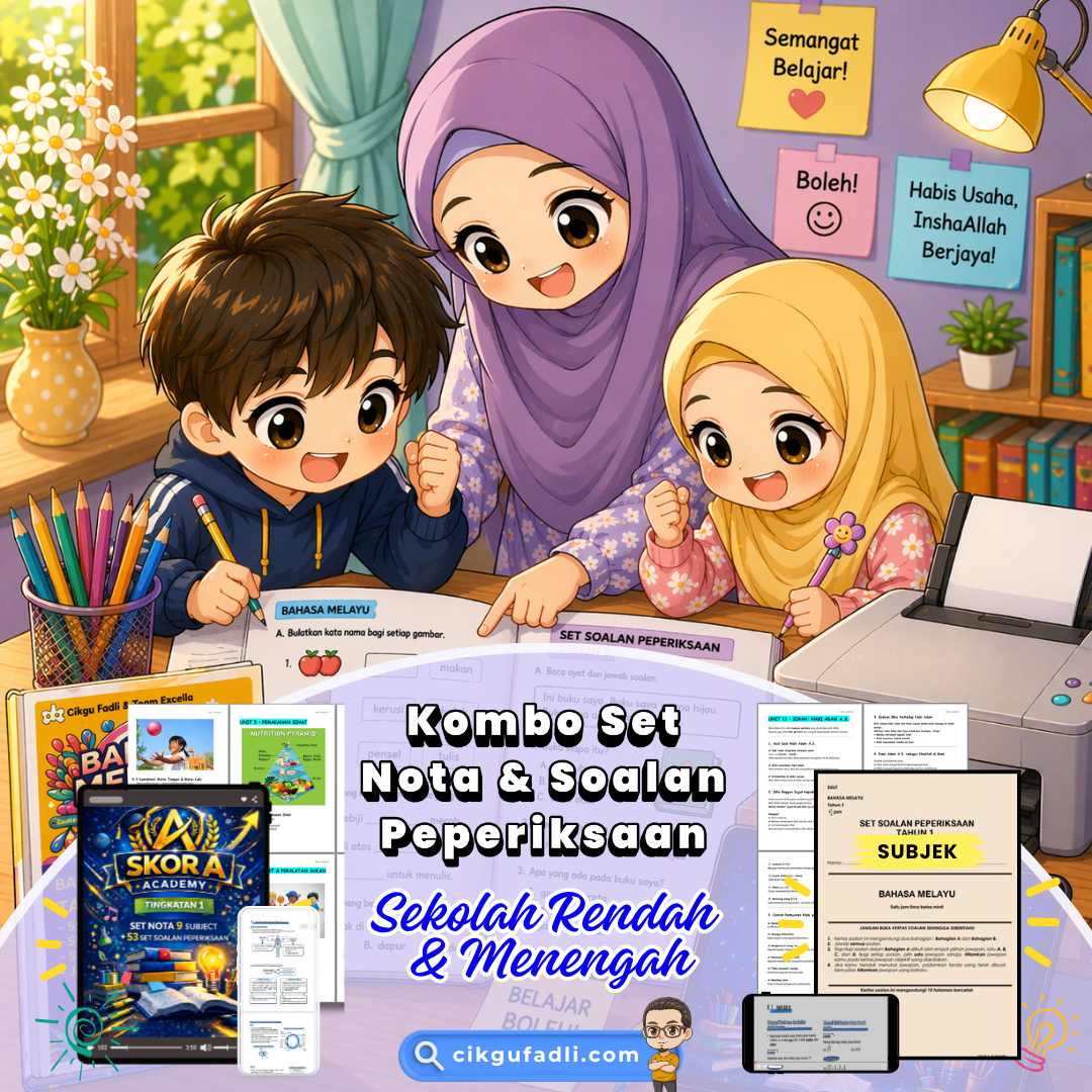 Ibu membantu anak suka gadget belajar menggunakan nota dan soalan peperiksaan dalam bentuk PDF yang dibuka di peranti dan dicetak untuk latihan.